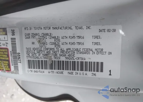 2020 Toyota Tacoma Sr z USA, uszkodzony, nr VIN 5TFRX5GN8LX178820